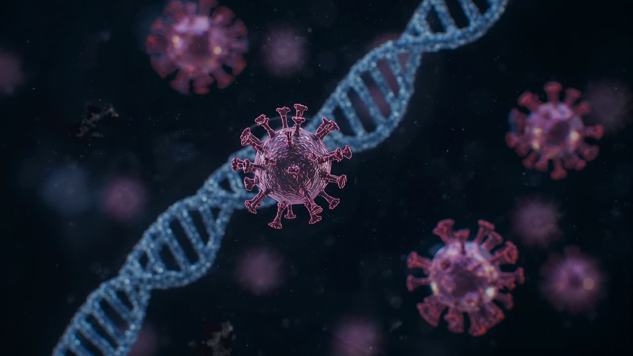 Camera panning showing blue double helix rotating at nanoscale, causing pink virus spheres drifting