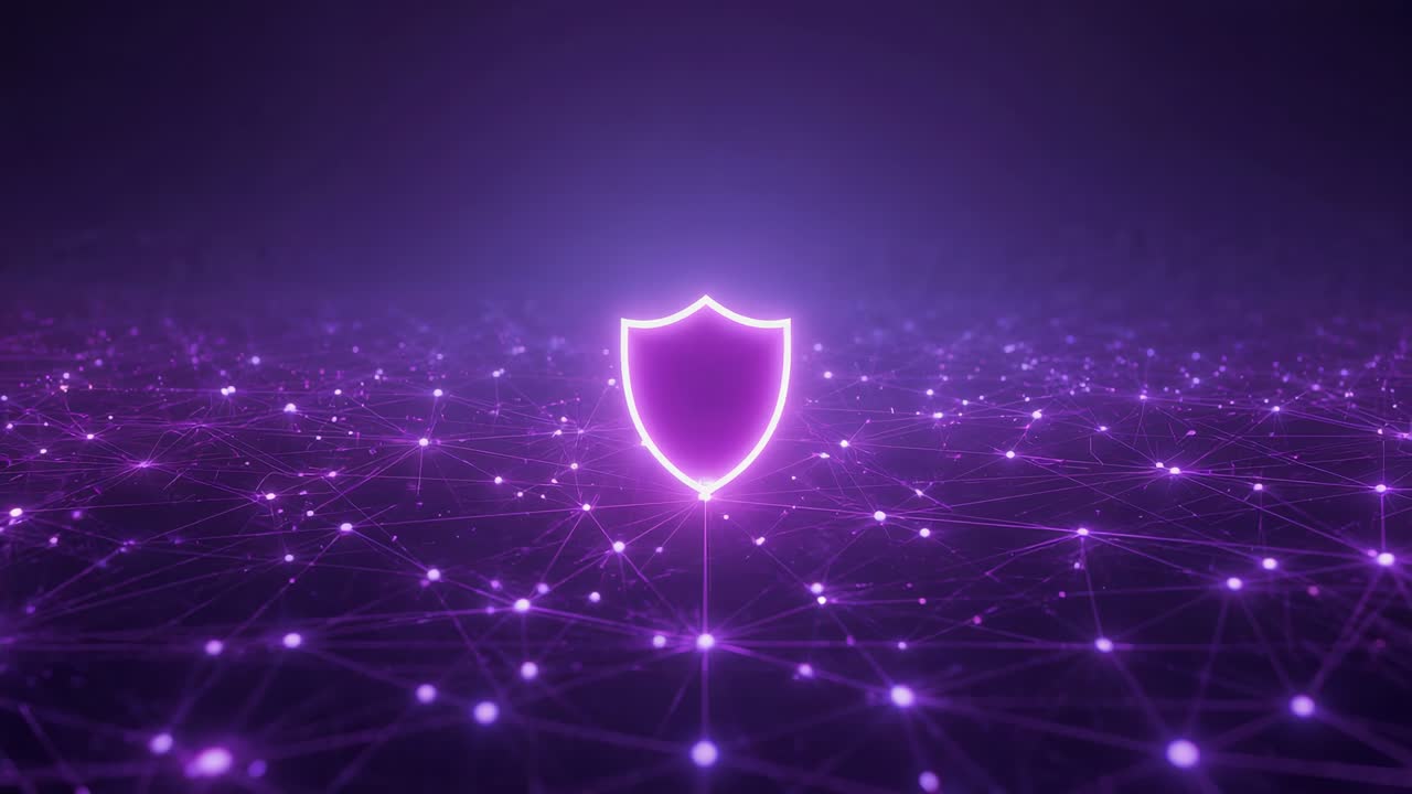 Pulsing neon shield rising from central node emitting light, activating grid protection via stem