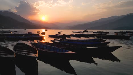 Sunset-with-wooden-boats-on-Phewa-lake,-Pokhara,-Nepal