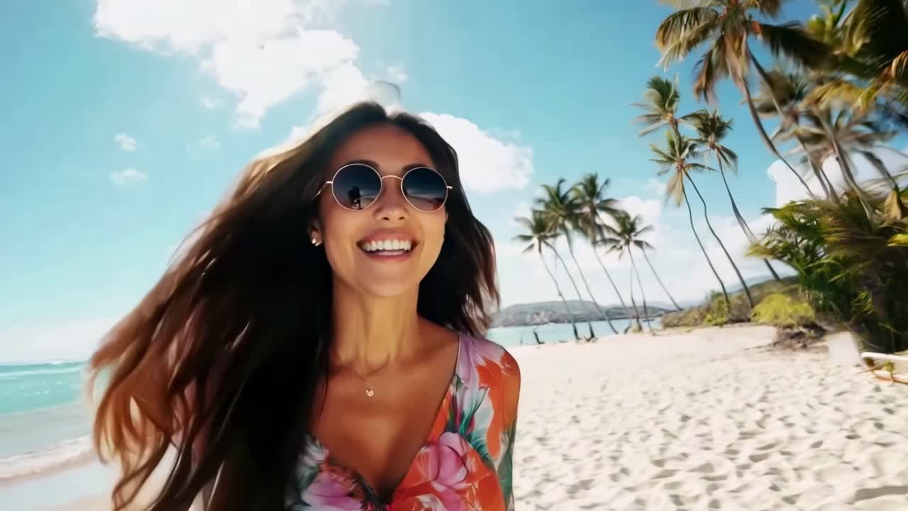 Smiling woman on a sunny beach, wearing sunglasses and a floral dress