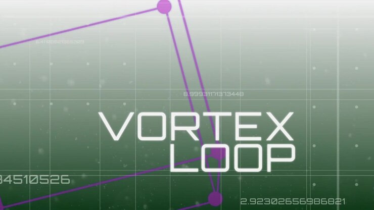 Estructura alámbrica púrpura giratoria que se expande y bloquea el título VORTEX LOOP sobre una cuadrícula verde, con números en desplazamiento