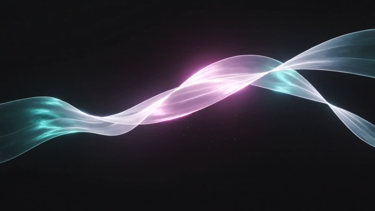 Entrando dai lati, nastri verde acqua e rosa che si contorcono attraverso un vuoto nero, creando un bagliore centrale e scintille.