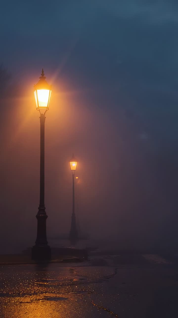 Vertical video: Piercing lamppost glow pulsing in fog over shore path with distant lamp, copy space