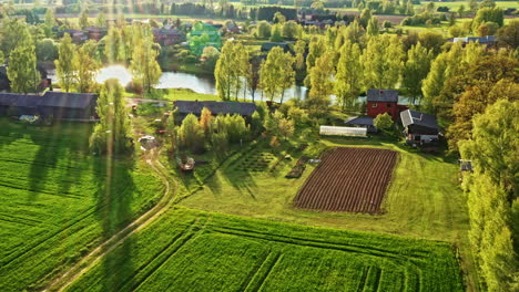 drone shot of rural fields, homes, and glowing sun rays in green countryside with pond