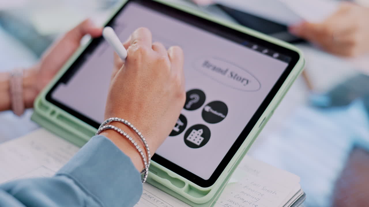 Tablet, person hands and branding strategy