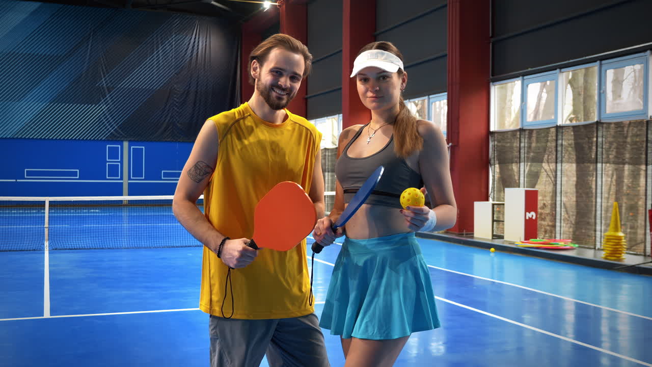 En man och en kvinna som poserar efter att ha spelat pickleball på en blå inomhusbana