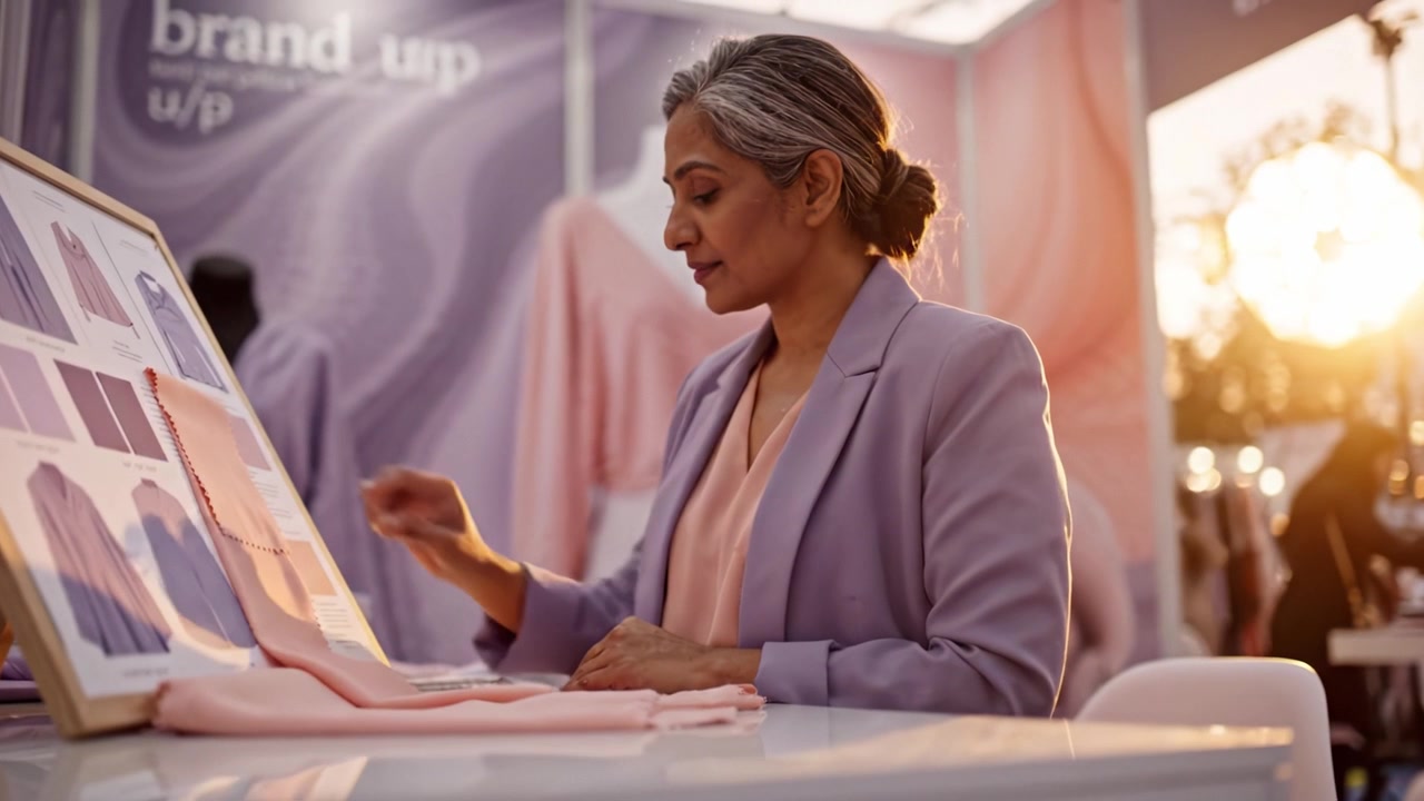 A woman thoughtfully examines fabric samples at a fashion display, showcasing various clothing designs in an artistic and vibrant market setting.