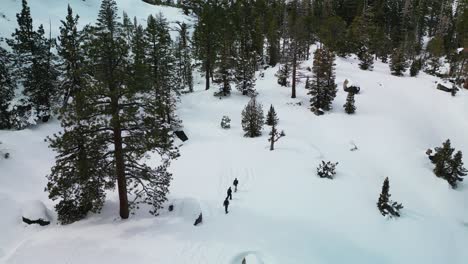 aerial view of hikers walking along desolation wilderness hiking trail in winter