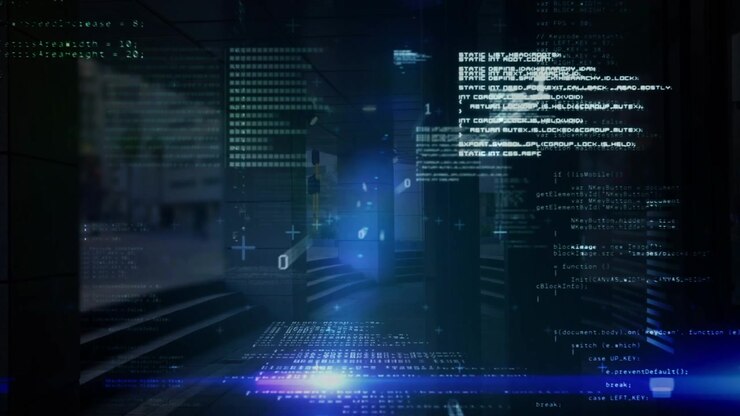 Animation of data processing and binary coding over city