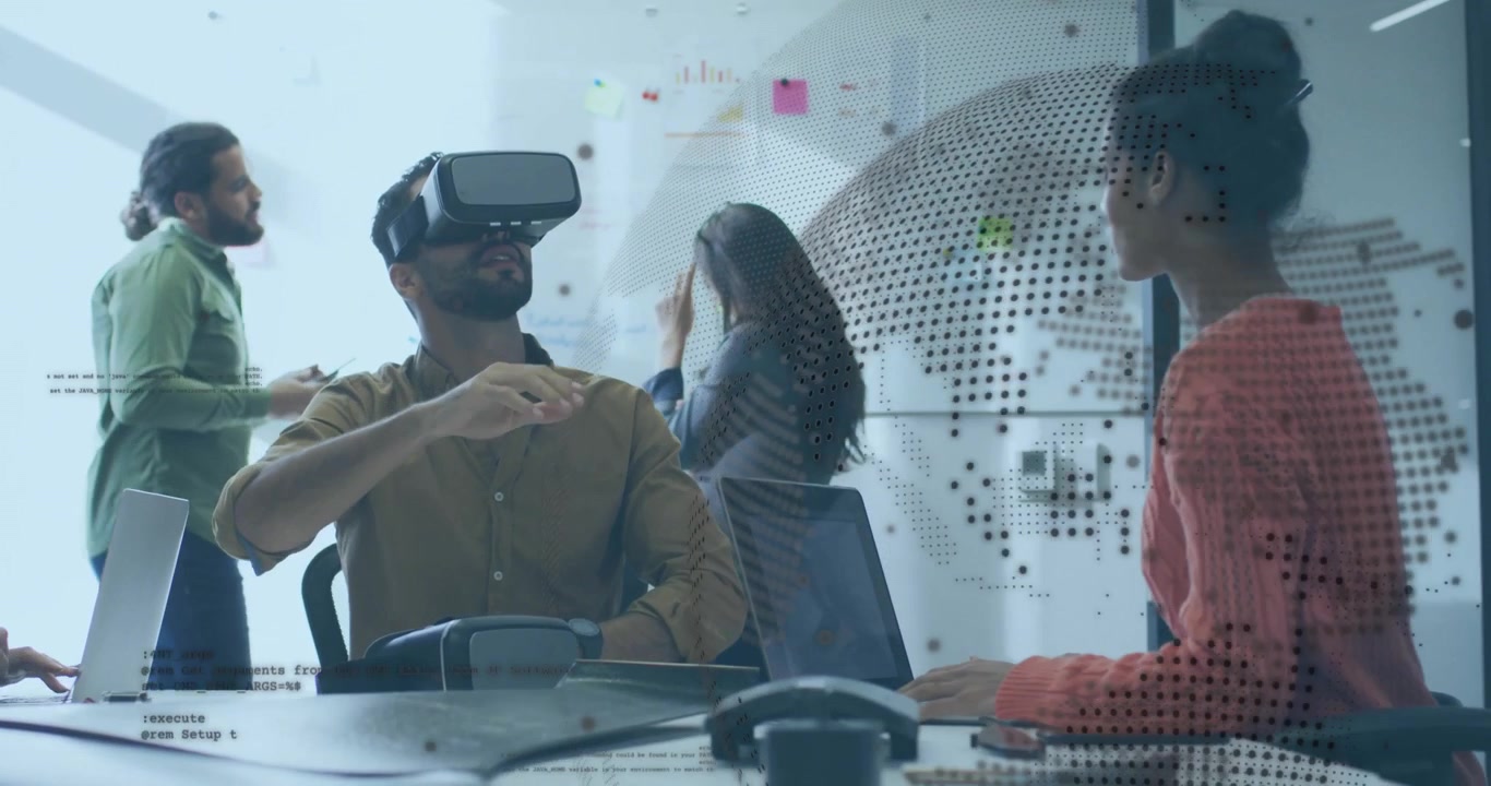 Colleagues Collaborating in Modern Office with Virtual Reality Technology