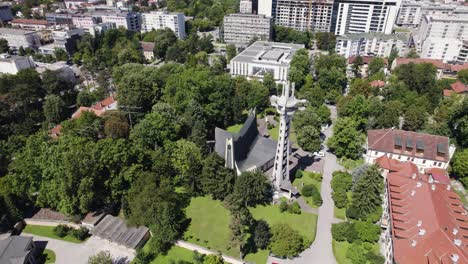 Aerial-orbit-abstract-roman-catholic-Cathedral-of-Saint-Bonaventure,-Banja-Luka