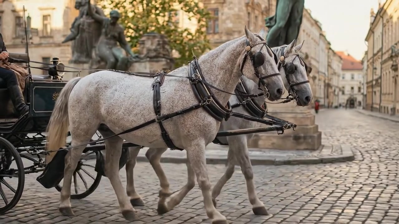 Carrozza trainata da cavalli che si muove attraverso una storica strada di città europea