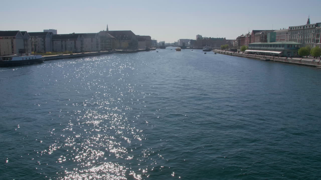Sparkling waters on Copenhagen's broad canal under a clear sky