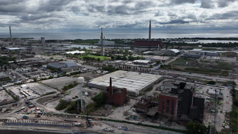 aerial view of industrial toronto shoreline and docks