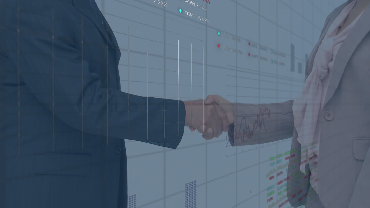 Animation of data processing over businessman handshake