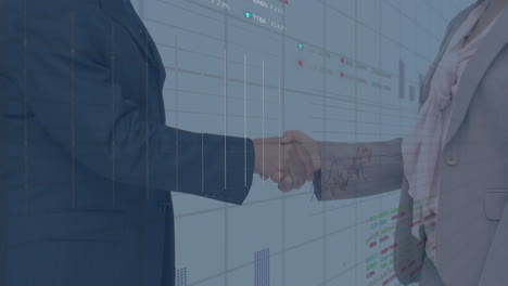 animation of data processing over businessman handshake