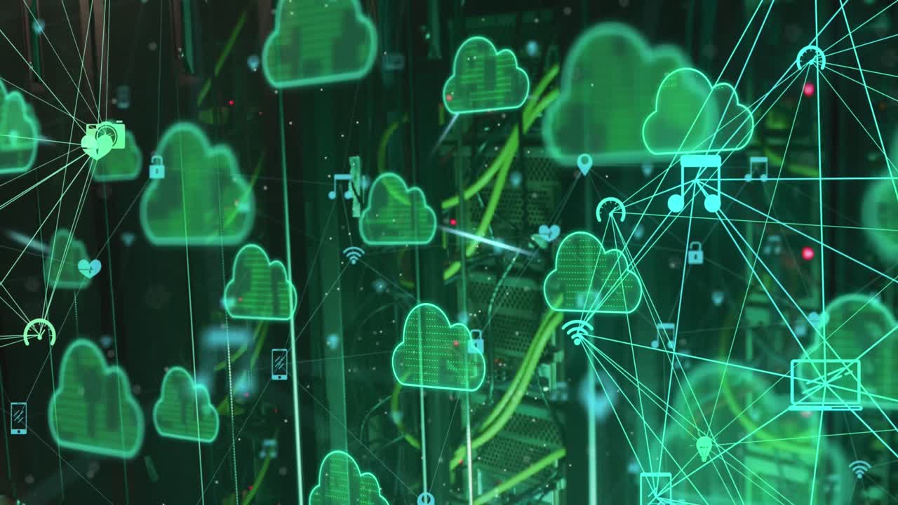 Animation of cloud icons and data processing over computer servers