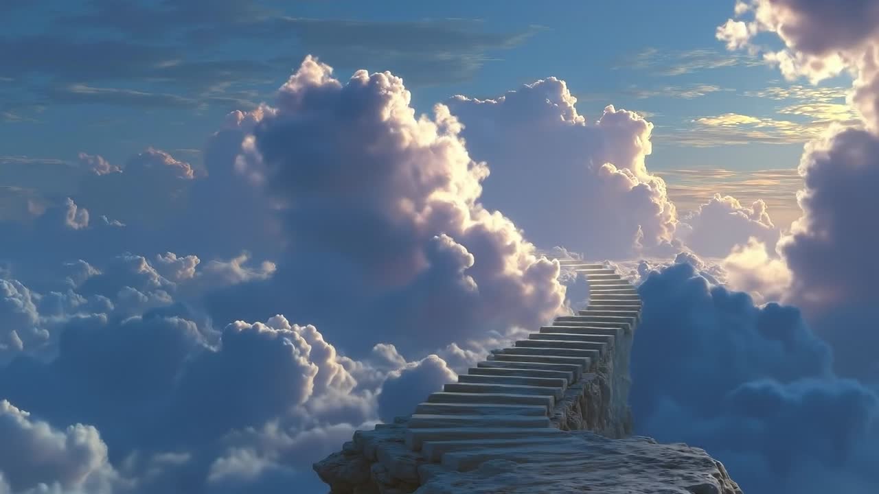 구름 속의 산 꼭대기에 이르는 계단