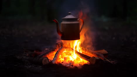 kettle boiling over a campfire at night