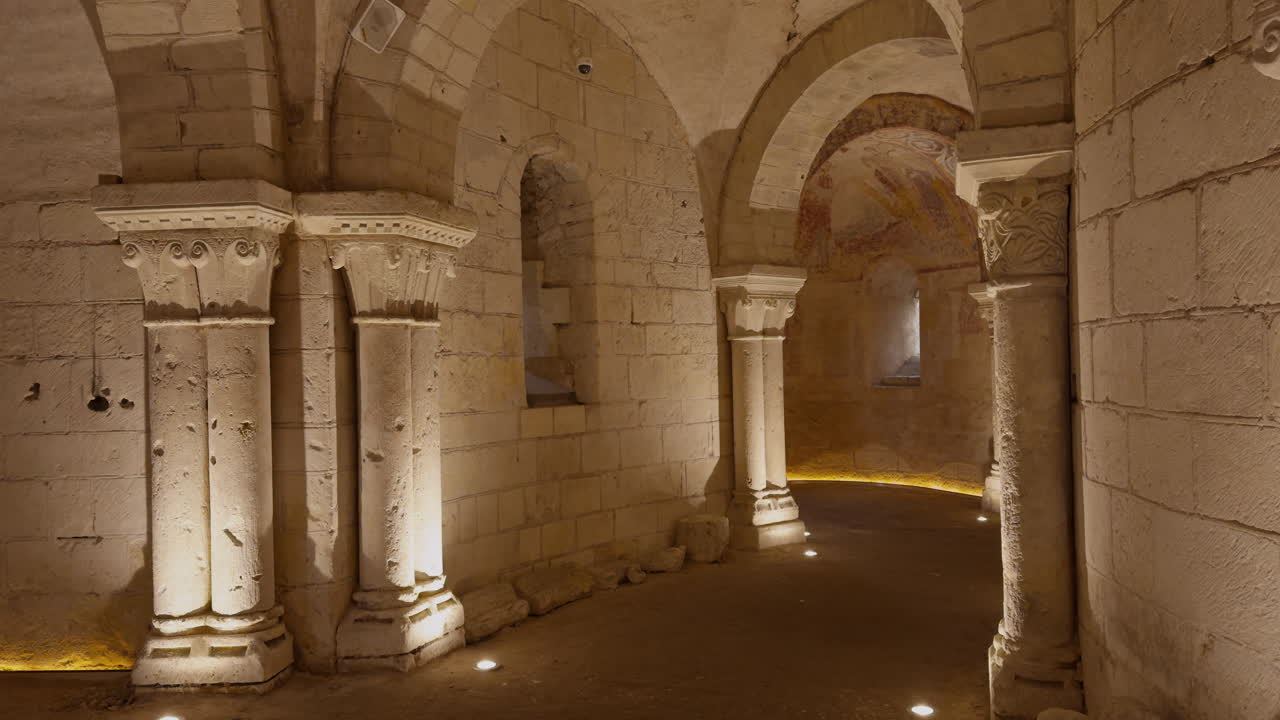 The medieval crypt of Saint-Aignan, France, with 11th-century columns and frescoes