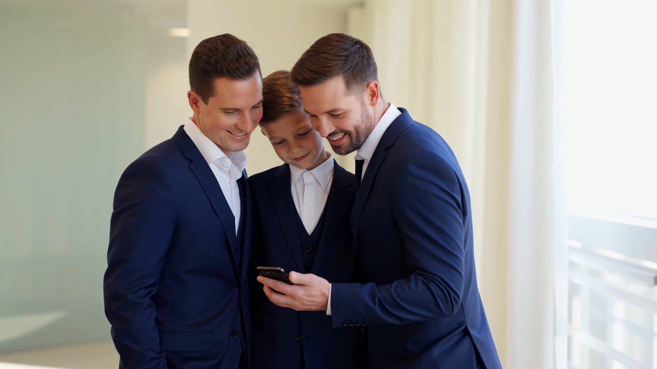 Caucasian Groomsmen In Navy Suits Checking Smartphone Together Near Window, Smiling And Sharing Joyful Candid