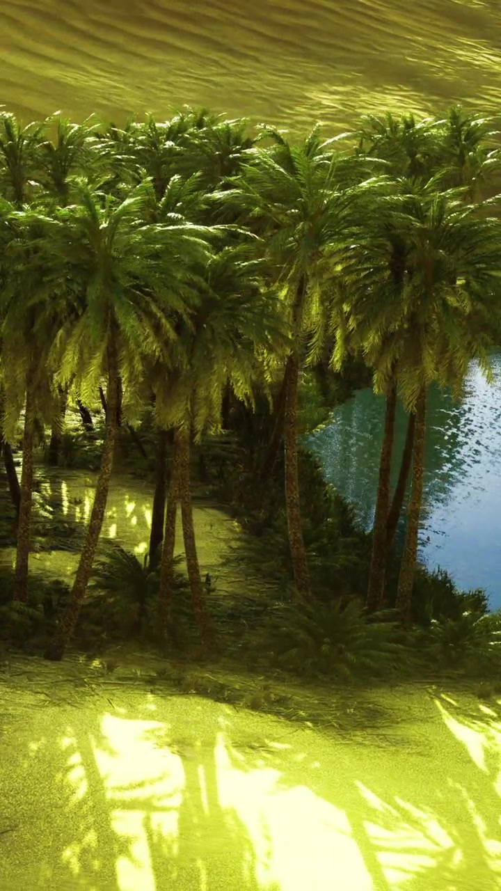 Palme vicino a un lago calmo con il sole che splende nel pomeriggio.