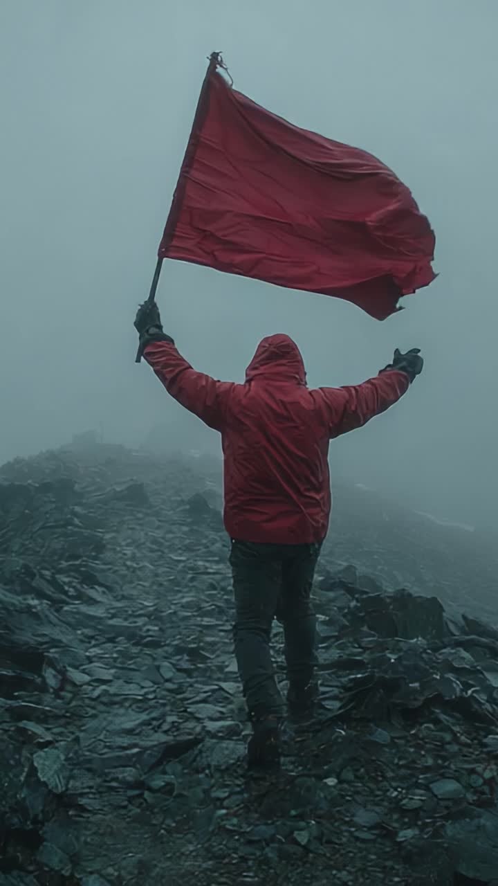 A determined hiker stands triumphantly on a rugged mountain path, waving a vibrant red flag amid misty surroundings, symbolizing perseverance and victory against nature's challenges