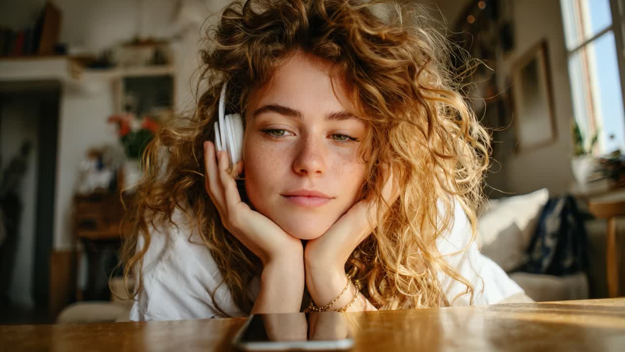 Fascinerende øyeblikk: En ung kvinne med krøllete hår og hodetelefoner nyter musikk hjemme, omgitt av avslapning og refleksjon