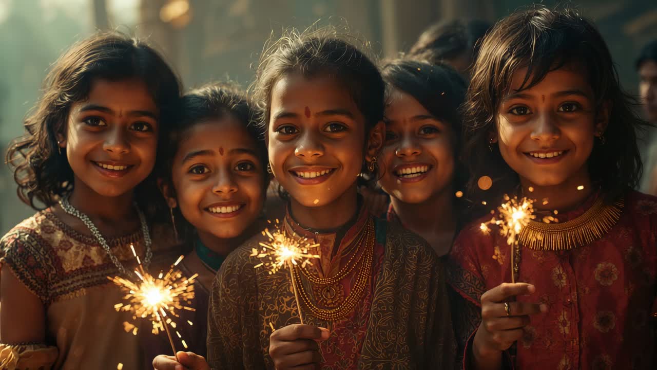 Lighting handheld sparklers Indian girls wearing kurtis sending sparks around faces in narrow lane