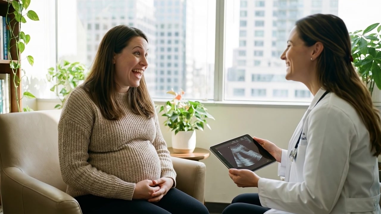 Female doctor using digital tablet to consult with pregnant woman in a bright medical office