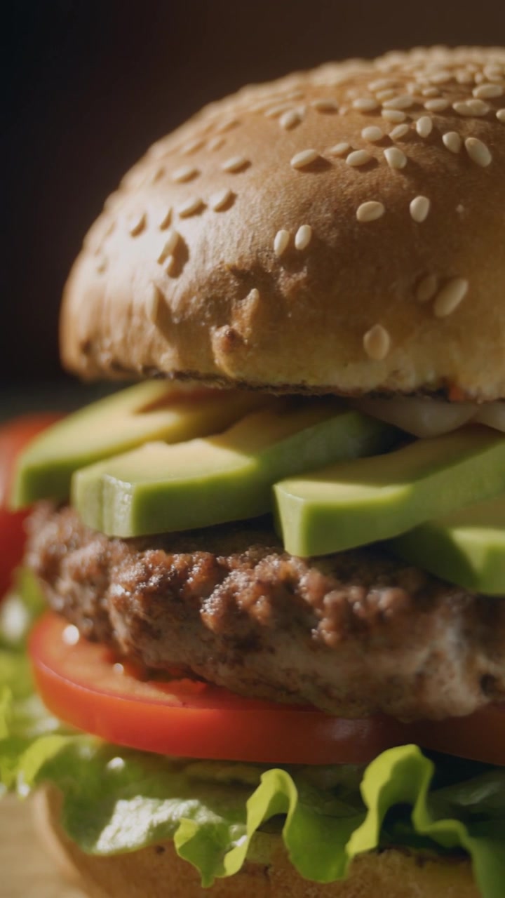 Primer plano de una hamburguesa fresca de aguacate con lechuga y tomate