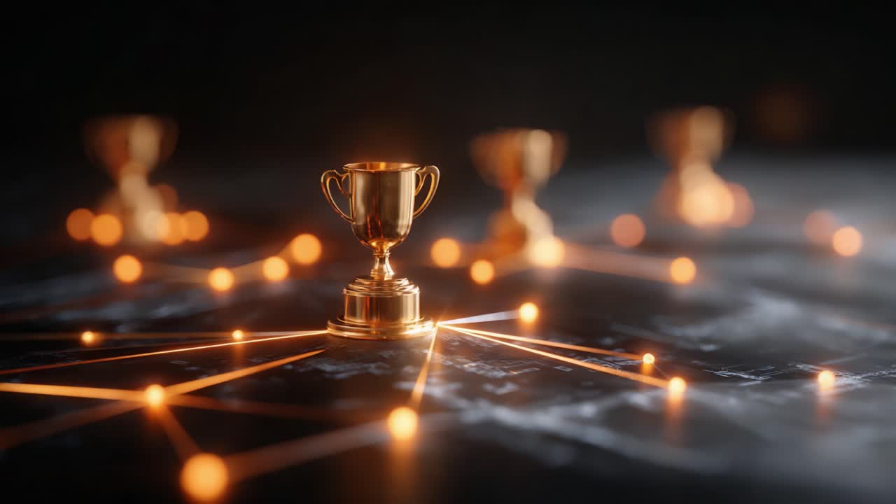 A Stunning Display of Golden Trophies Connected by Luminous Lines, Representing Achievement, Success, and Competition in a Captivating Visual Realm