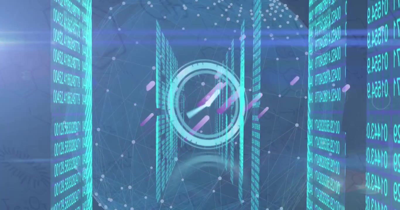 Animation of clock with data processing and biometric fingerprint