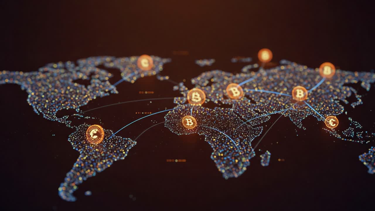 A Dynamic Visualization of Cryptocurrency Networks Across the Globe, Highlighting Bitcoin and Other Digital Currencies with Brightly Illuminated Nodes