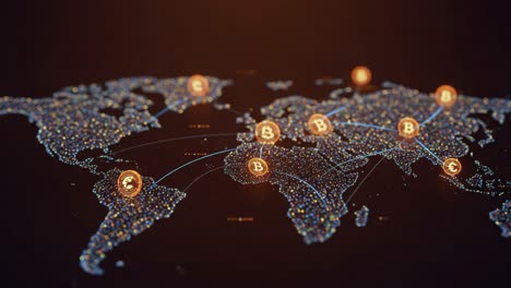 a dynamic visualization of cryptocurrency networks across the globe, highlighting bitcoin and other digital currencies with brightly illuminated nodes