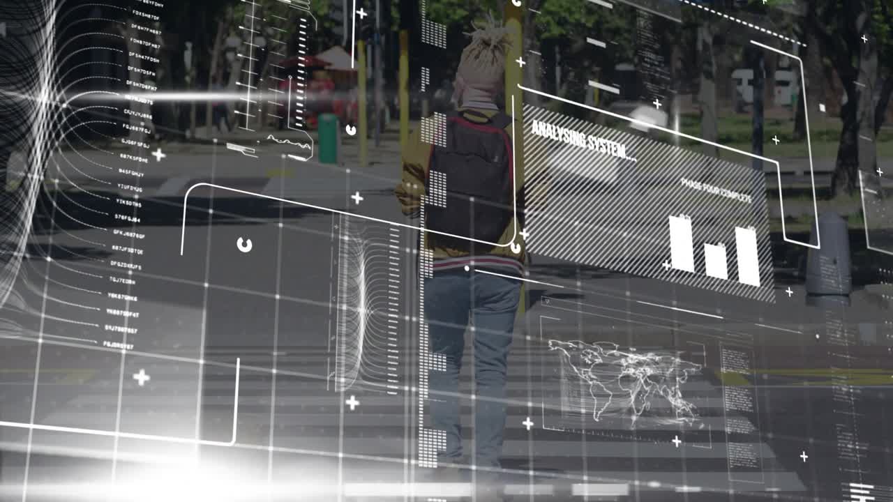 Male pedestrian stepping onto crosswalk, HUD scanning with charts and analyzing for traffic safety