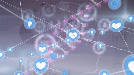 animación de una red de iconos digitales sobre una estructura de adn giratoria contra el procesamiento de datos estadísticos.