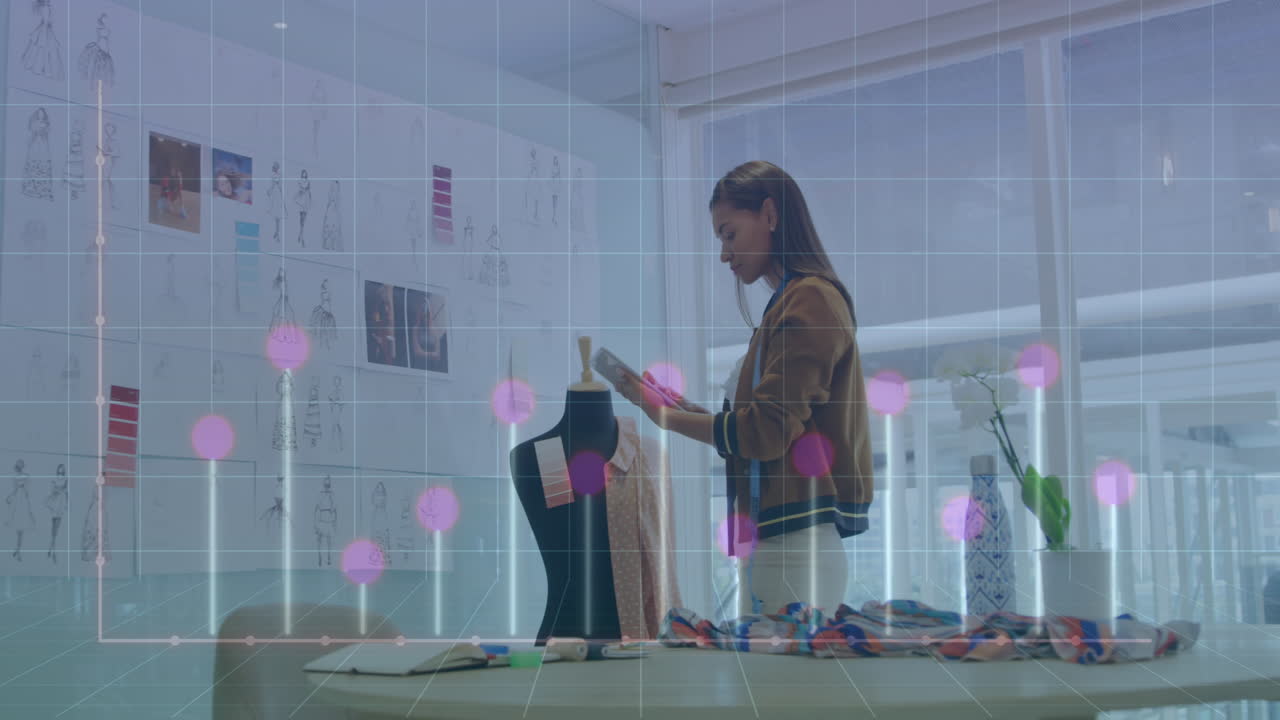 컴퓨터 언어의 애니메이션과 두 인종의 여성 디자이너가 드레스 디자인을 확인하는 그래프