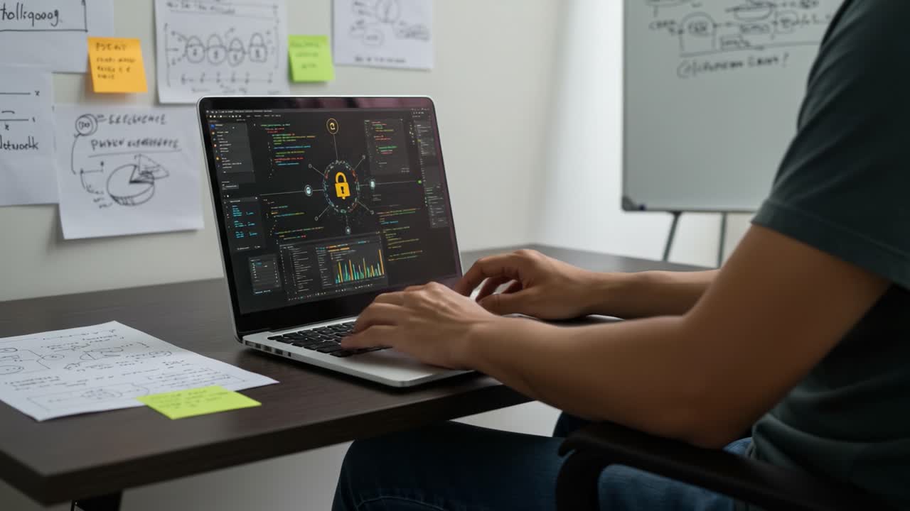 Focused Analysis on Cybersecurity: Individual Engaged in Data Protection Task at a Modern Workspace with Advanced Technology and Visual Data Representations