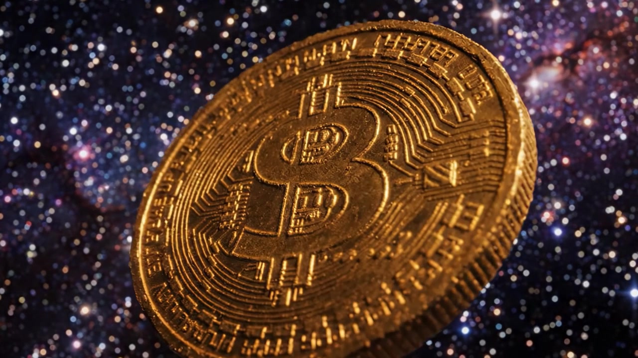 Uma Moeda Bitcoin Cativante Flutuando em um Cenário Cósmico de Estrelas e Galáxias, Misturando os Conceitos de Moeda Digital e Exploração Espacial