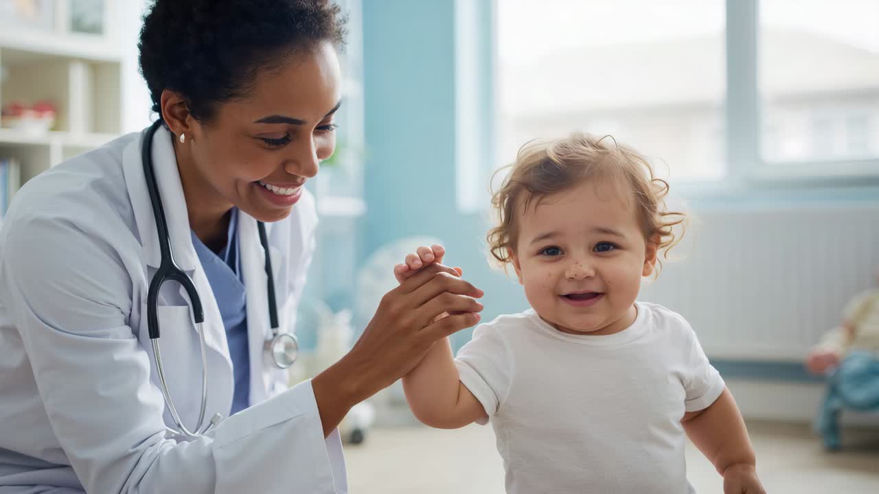 Holding toddler's hand lab coat doctor kneeling as toddler trying to stand at clinic for balance