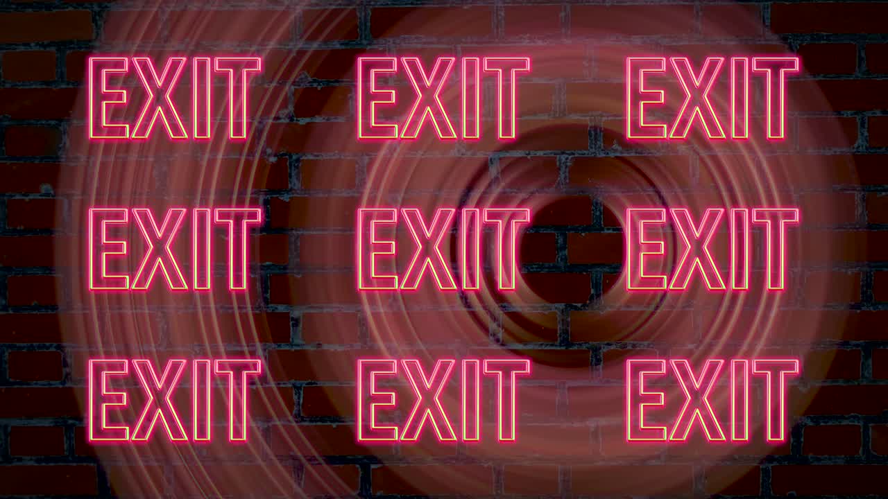Exit illuminated neon pink sign on brick wall background