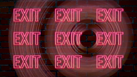 exit illuminated neon pink sign on brick wall background