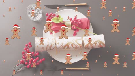 Animation-of-gingerbread-men-over-christmas-decorations-and-cracker