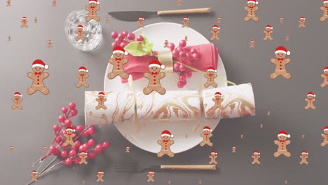 animation of gingerbread men over christmas decorations and cracker