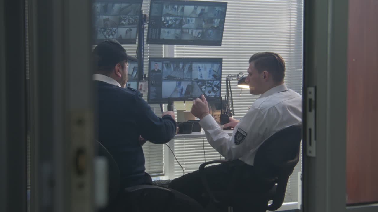 los guardias de seguridad monitorean las cámaras de vigilancia.