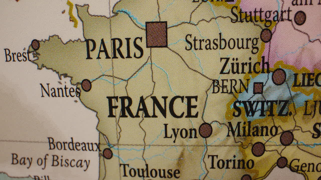 Close-up view of a map showing France and surrounding European countries