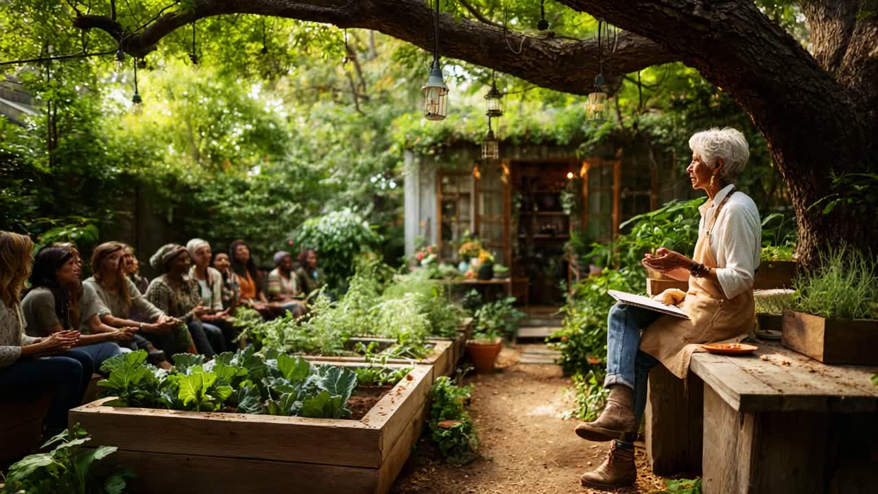 Inspirerende havearbejdsworkshop i det fri: En dygtig instruktør engagerer entusiastiske deltagere i et frodigt, grønt miljø omgivet af levende planter og natur