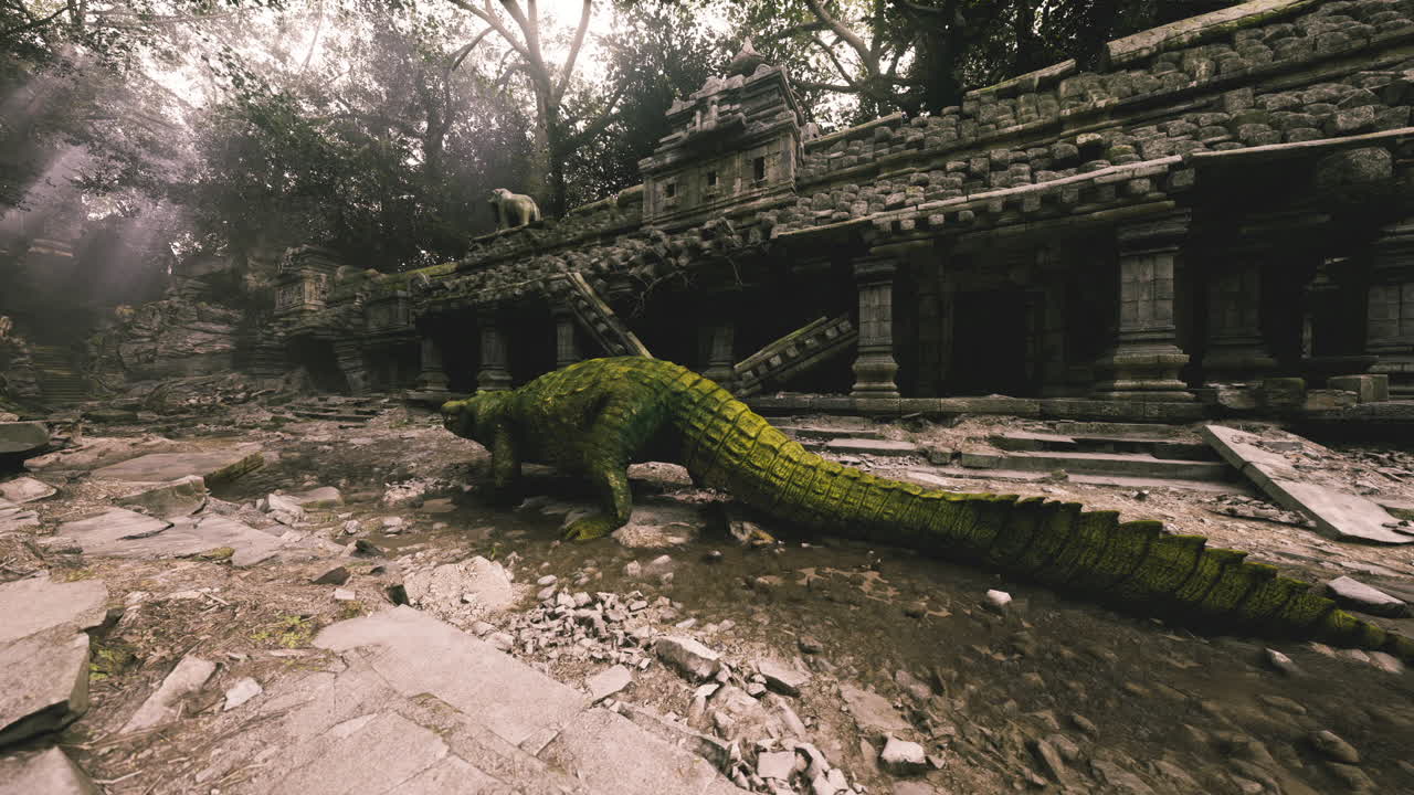 Un coccodrillo esplora antiche rovine in una lussureggiante giungla.