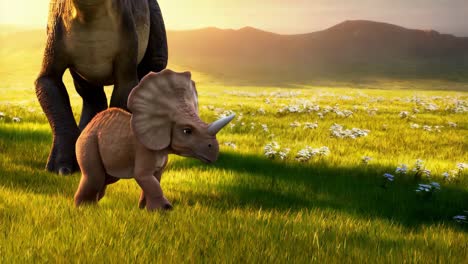 baby triceratops in a meadow at sunrise